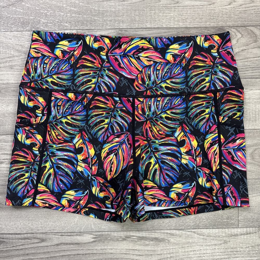 Constantly Varied Gear 3" Inseam Shorts Black Multicolor Leaf Print sz L